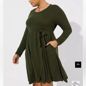 Torrid super soft knits at The Knee Hacci Faux Wrap Dress deep depths green 3X